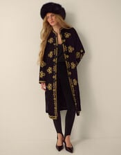 Monsoon x Queens of Archive Kate Long Embroidered Velvet Jacket, Black (BLACK), large