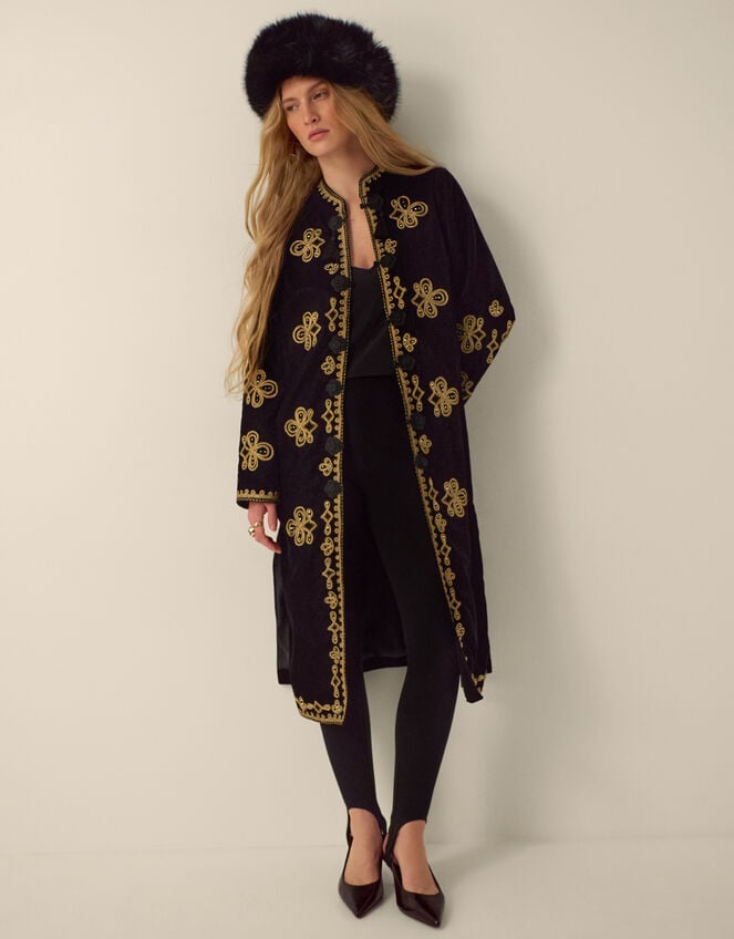 Monsoon x Queens of Archive Kate Long Embroidered Velvet Jacket, Black (BLACK), large