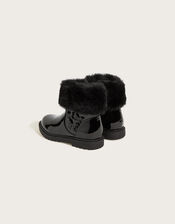 Patent Butterfly Faux Fur Trim Boots, Black (BLACK), large