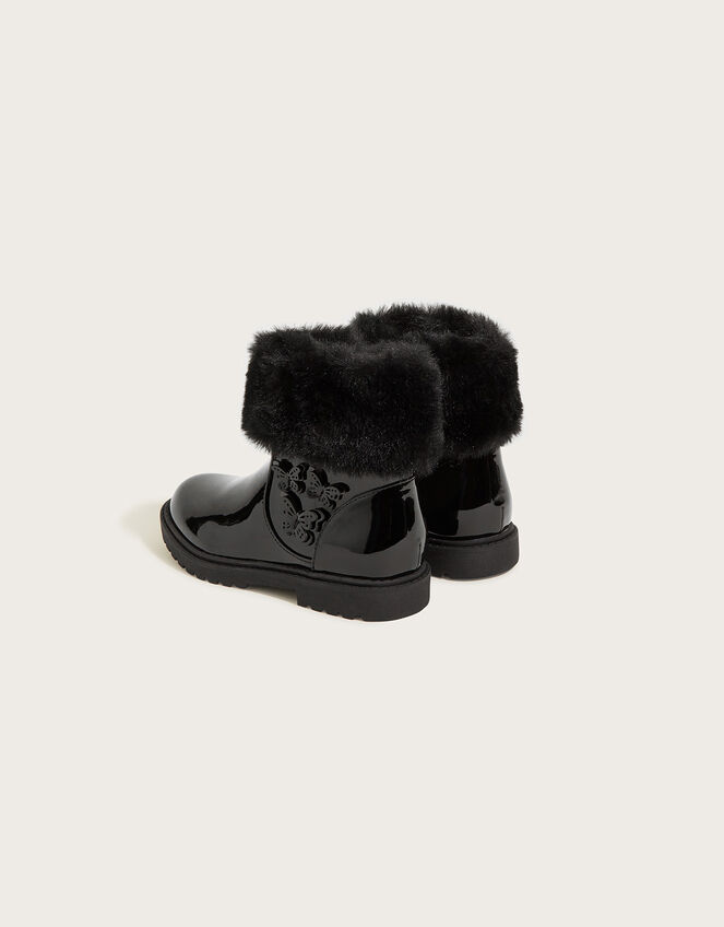Patent Butterfly Faux Fur Trim Boots, Black (BLACK), large