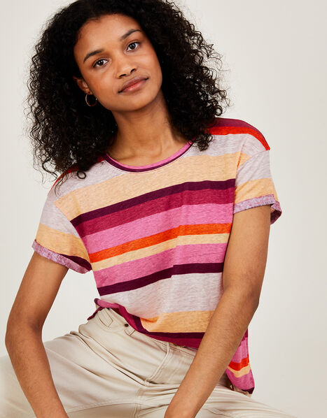 Linen Stripe Scoop Neck T-Shirt Multi, Multi (MULTI), large