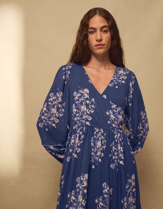 East Kerstin Floral Print Midi Wrap Dress, Blue (BLUE), large