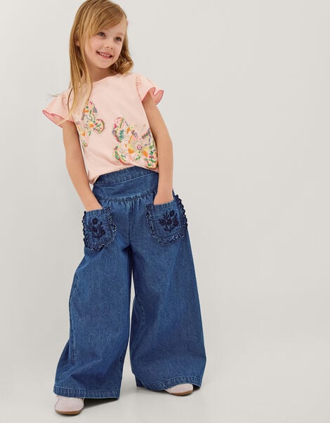 Embroidered Pocket Chambray Trousers, Blue (BLUE), large