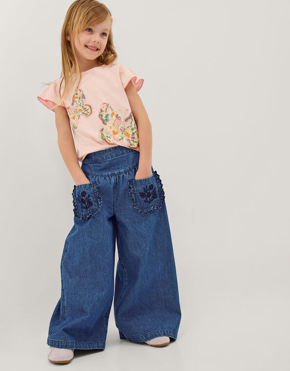 Embroidered Pocket Chambray Trousers, Blue (BLUE), large