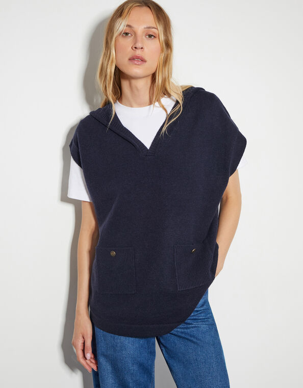 Sleeveless Knitted Hoodie, Blue (NAVY), large