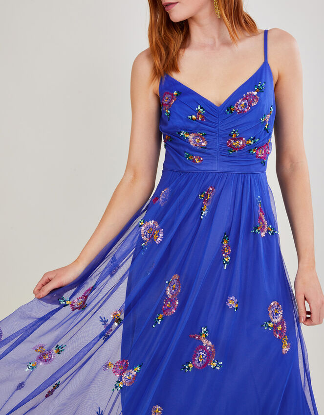 Emma Embellished Midi Dress in Recycled Polyester, Blue (BLUE), large