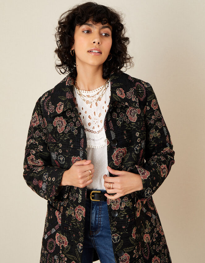 Jackie Floral Jacquard Coat, Black (BLACK), large