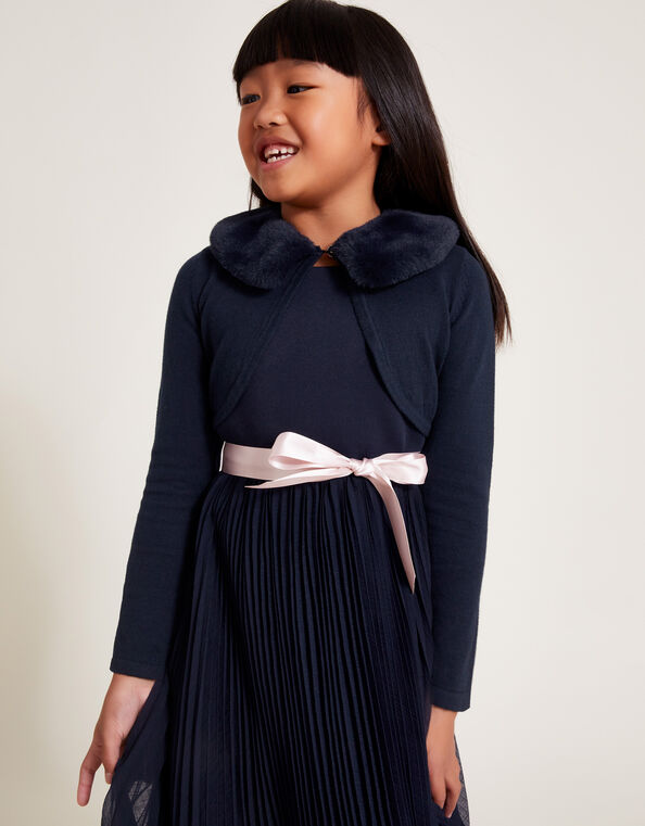 Super-Soft Faux Fur Collar Cardigan, Blue (NAVY), large