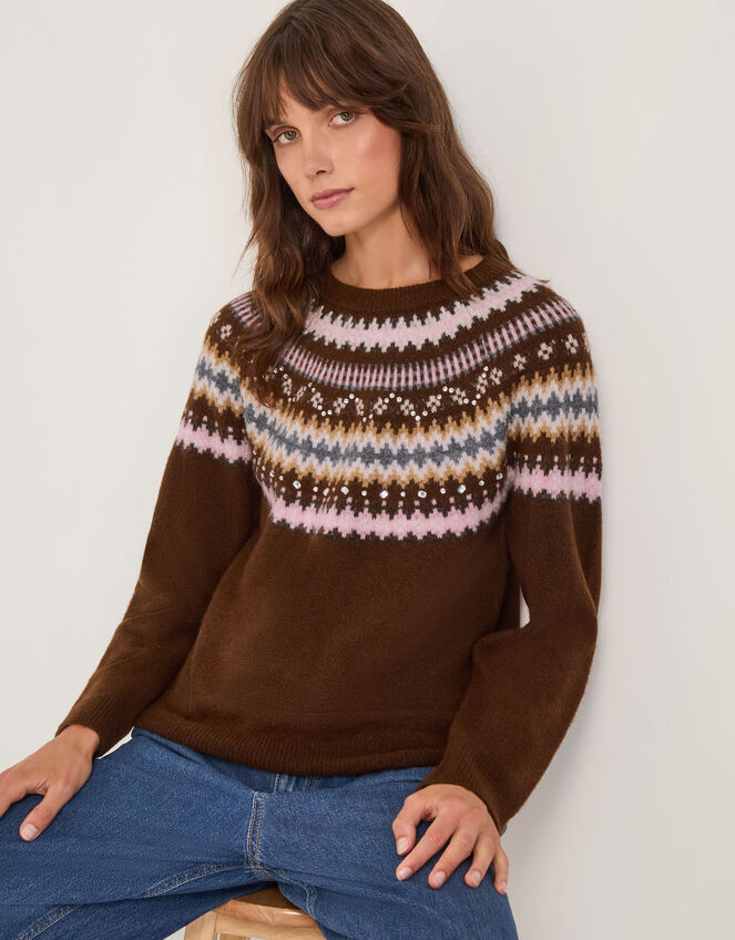 Fran Embellished Fair Isle Jumper, Brown (BROWN), large
