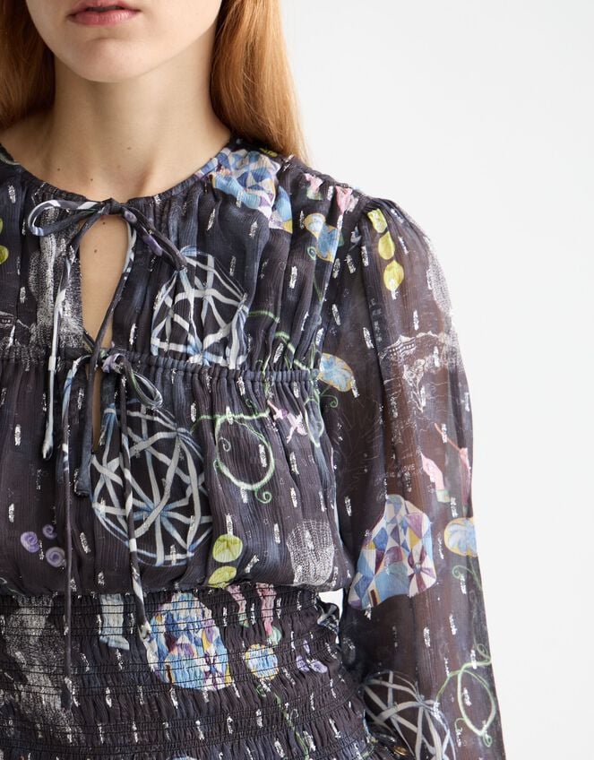 Scotch & Soda Print Smocked Waist Top, Blue (NAVY), large