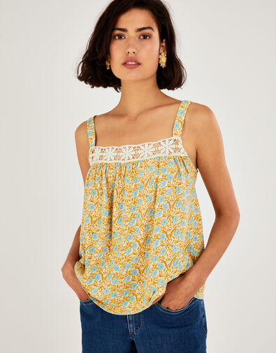 Ditsy Crochet Trim Cami Top Yellow, Yellow (OCHRE), large