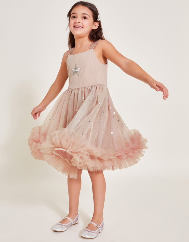 Marline Foil Star Ruffle Dress, Silver (SILVER), large