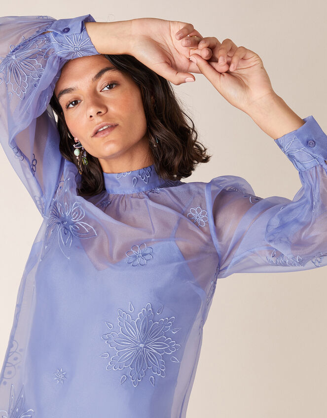 Aubree Floral Embroidery Organza Blouse, Blue (BLUE), large