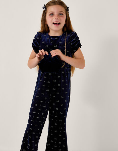 Bow Embellished Velvet Flare Jumpsuit, Blue (NAVY), large