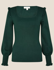 Square Neck Ruffle Jumper, Green (DARK GREEN), large