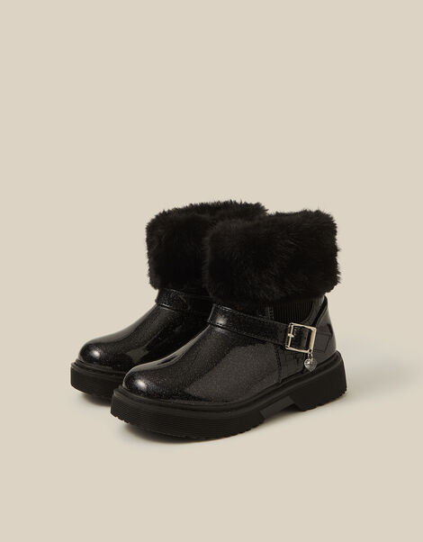 Faux Fur Glitter Patent Boots, Black (BLACK), large