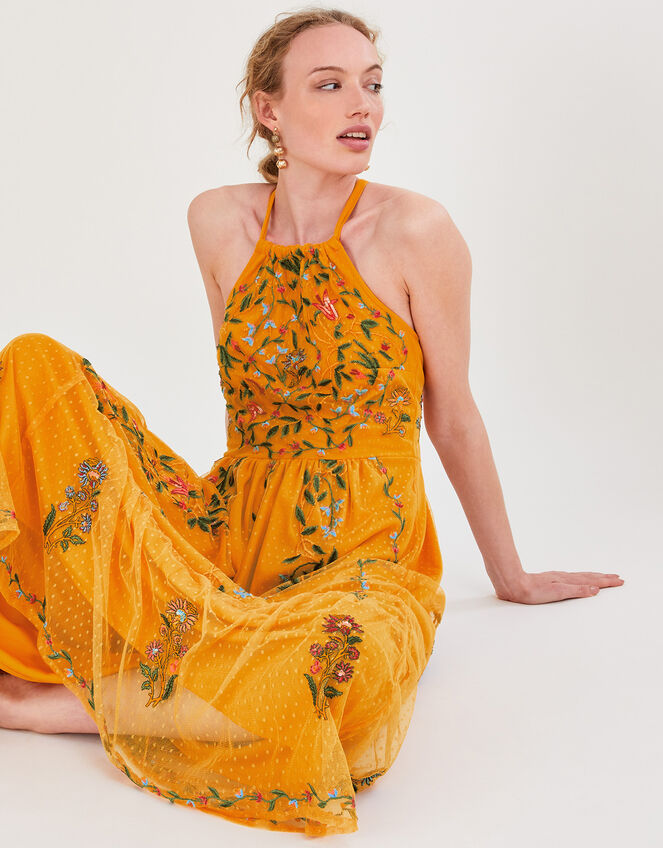 Harlow Halter Embroidered Dress, Yellow (OCHRE), large