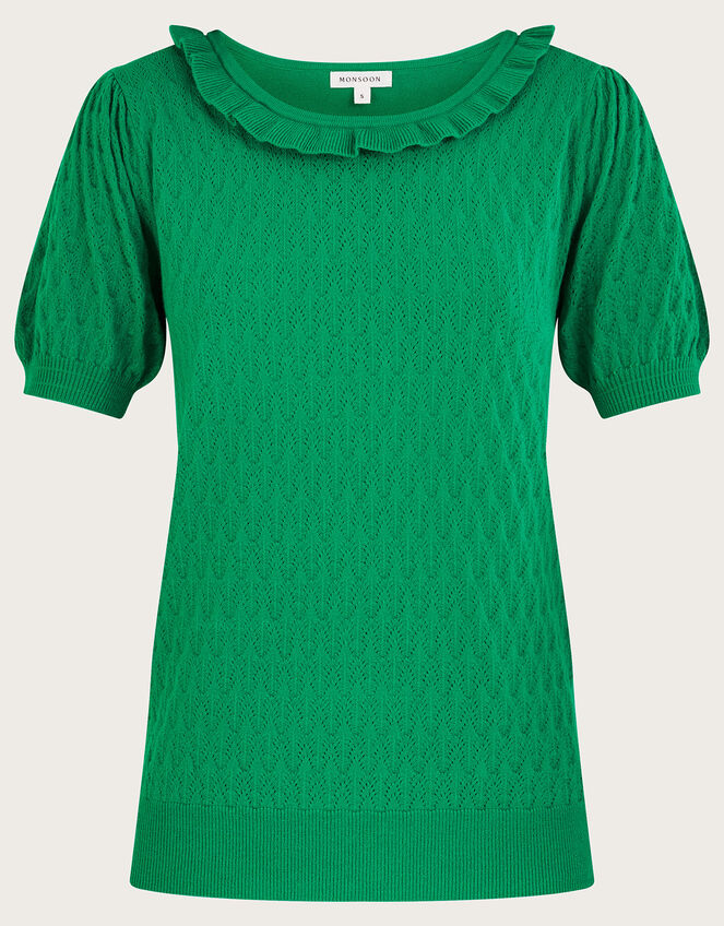 Short Sleeve Ruffle Neck Jumper , Green (GREEN), large