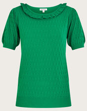 Short Sleeve Ruffle Neck Sweater , Green (GREEN), large