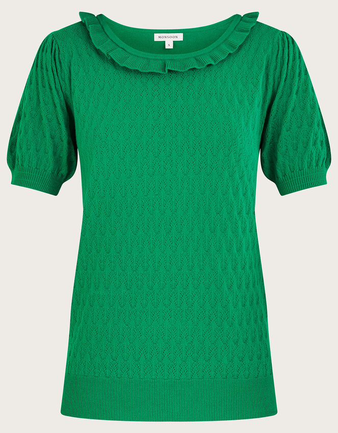 Short Sleeve Ruffle Neck Jumper , Green (GREEN), large