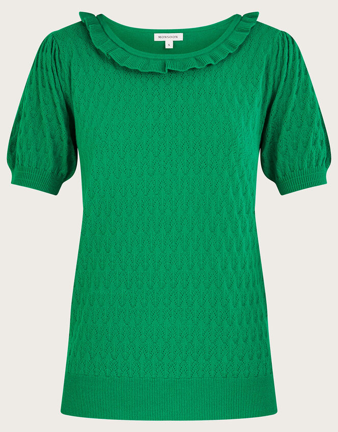 Short Sleeve Ruffle Neck Sweater , Green (GREEN), large