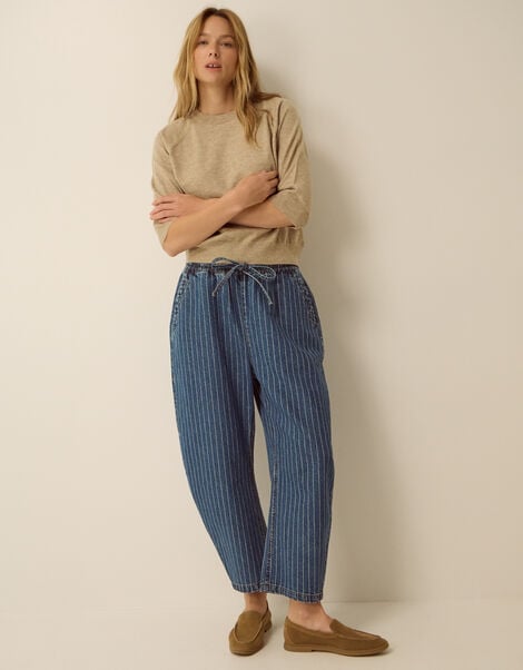 Katja Drawstring Pinstripe Barrel Jeans, Blue (MID AUTHENTIC BLUE), large