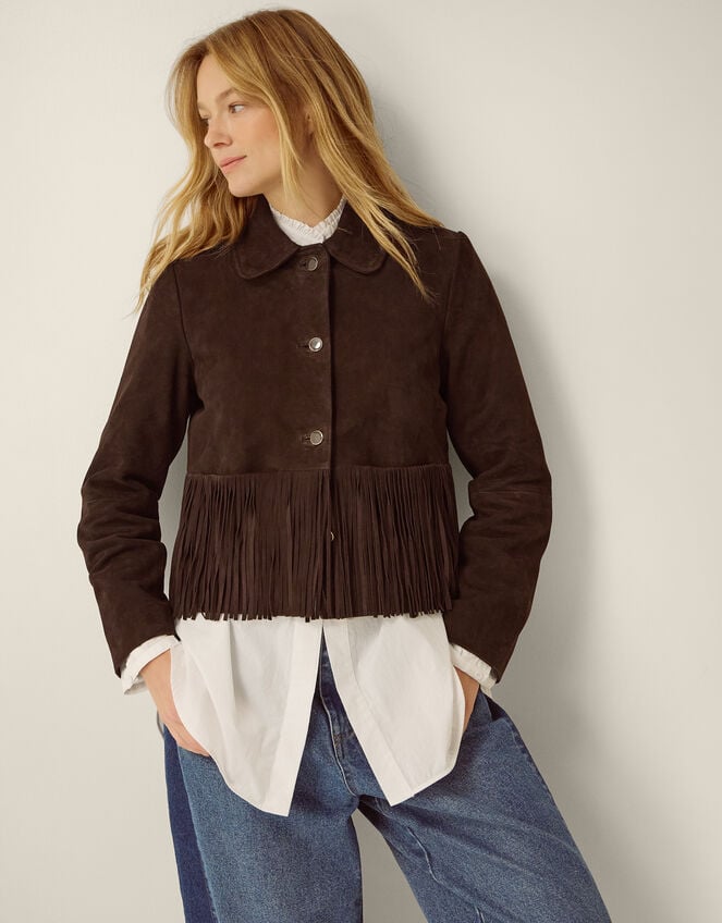 Maude Fringe Suede Jacket, Brown (CHOCOLATE), large