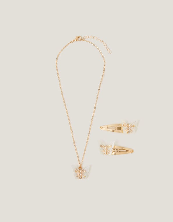 Diamanté Butterfly Necklace and Hair Clip Set, , large