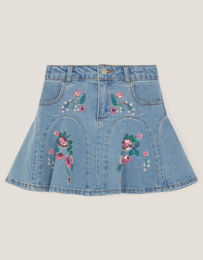 Floral Embroidered Denim Mini Skirt, Blue (BLUE), large