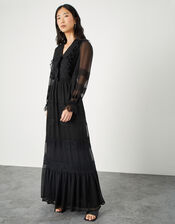 Lace Trim Collared Maxi Dress, Black (BLACK), large
