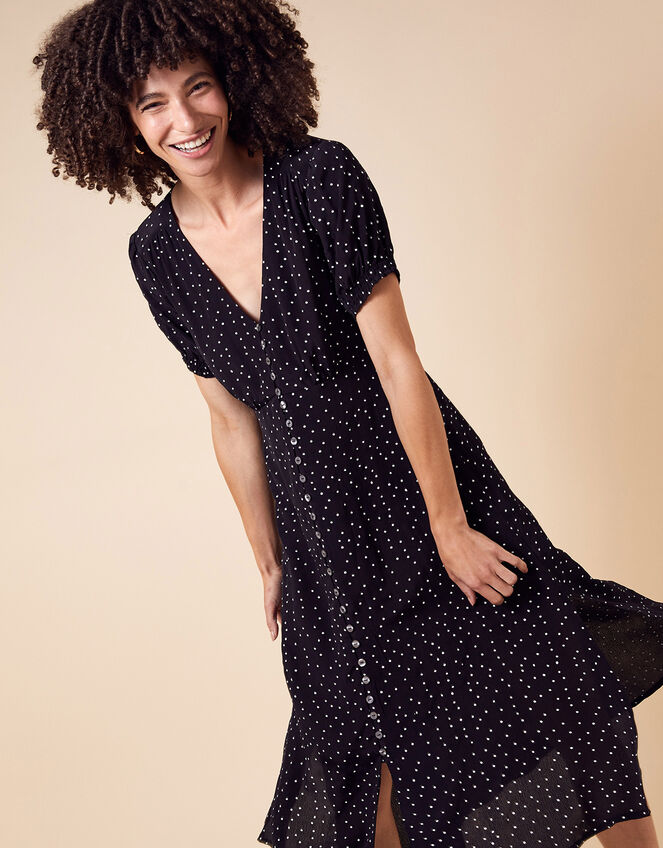 Spot Print Midi Dress in Sustainable Viscose, Black (BLACK), large