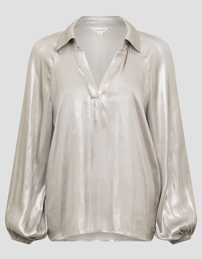 Lillie Metallic Collar Blouse, Natural (CHAMPAGNE), large