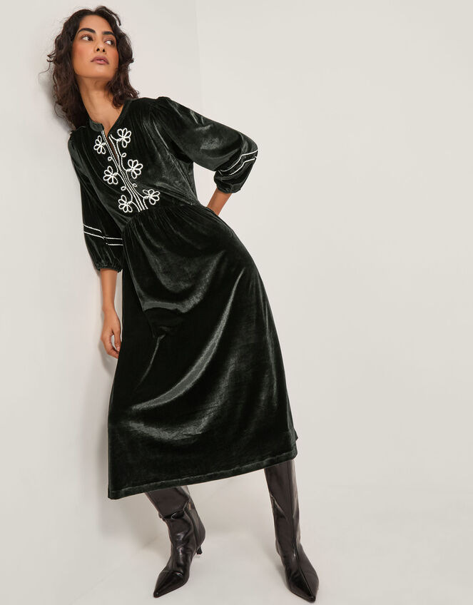 Venus Embroidered Velvet Midi Dress, Black (BLACK), large
