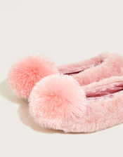 Faux Fur Pom-Pom Ballerina Slippers, Pink (PINK), large