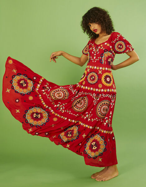 Alicia Hand-Embellished Tiered Maxi Dress, Red (RED), large