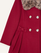 Detachable Leopard Collar Ruffle Coat, Red (RED), large