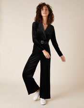 Sheena Stretch Velvet Wide-Leg Jumpsuit, Black (BLACK), large