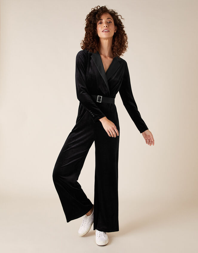 Sheena Stretch Velvet Wide-Leg Jumpsuit, Black (BLACK), large