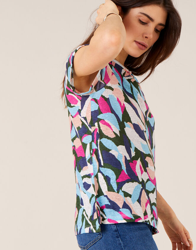 Palm Print Top in Pure Linen, Green (KHAKI), large