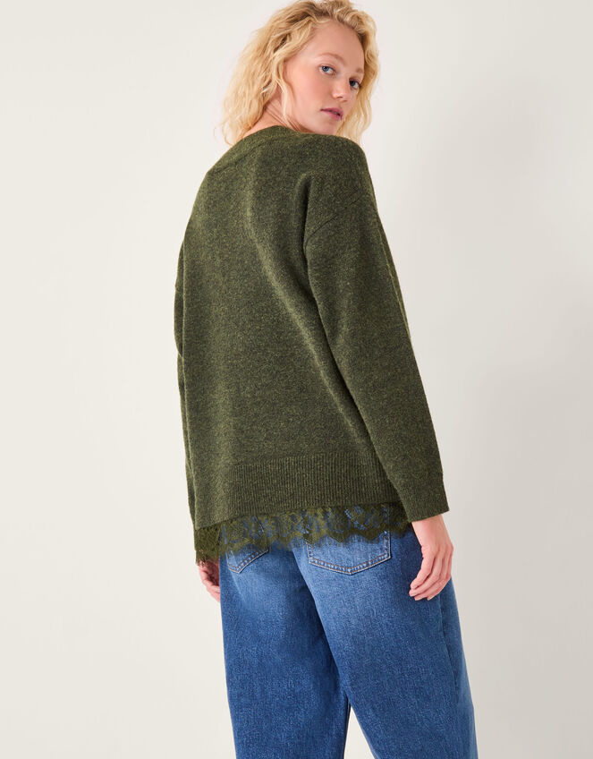 Leanne Lace V-Neck Sweater, Green (KHAKI), large