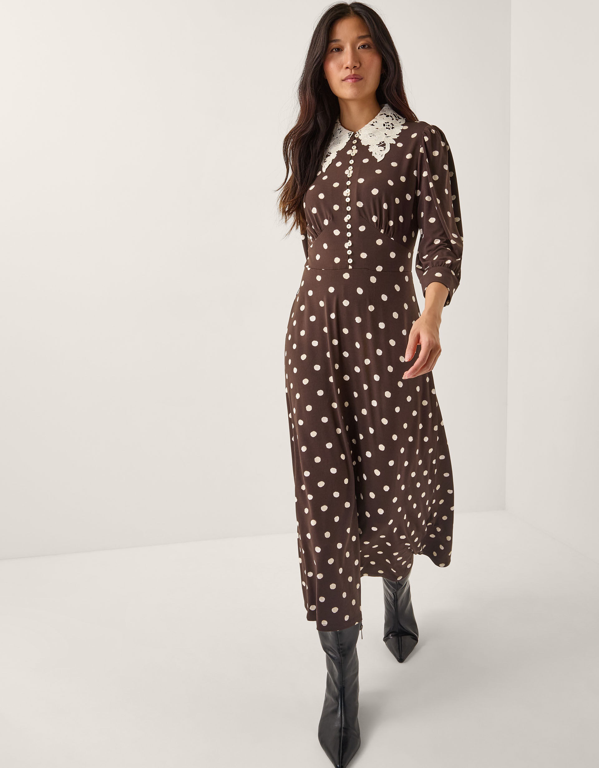 Paris Polka Dot Jersey Midi Dress Brown