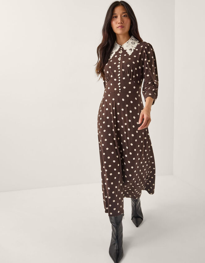 what colour heels with brown dress Brown Ivory Polka Dot Lainey Midi Dress main image 1