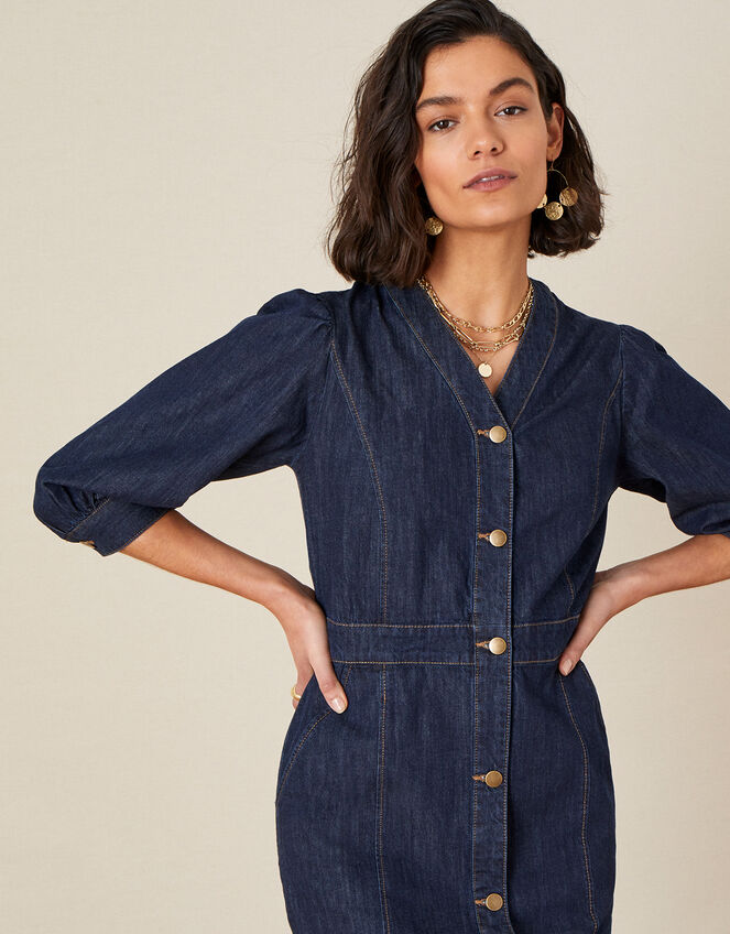 Denim Midi Dress in Organic Cotton , Blue (INDIGO), large