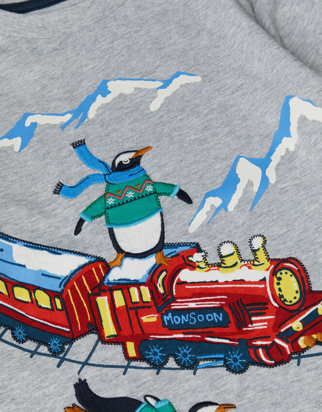 Penguin Embroidered Christmas Long Sleeve Top, Grey (GREY), large