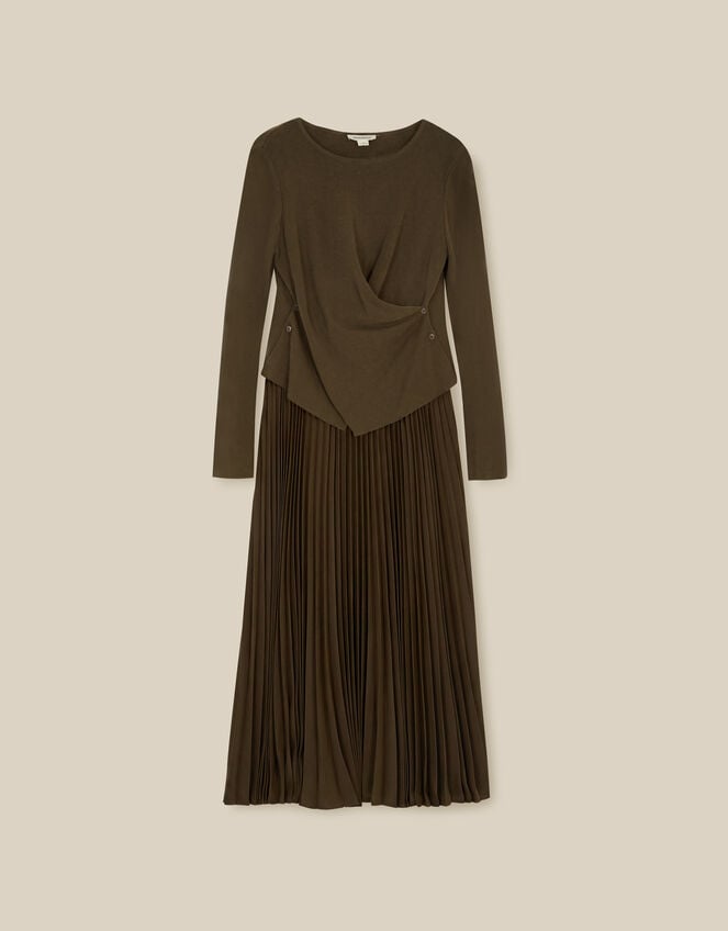 Fiz Drape Pleated Midi Dress, Green (KHAKI), large