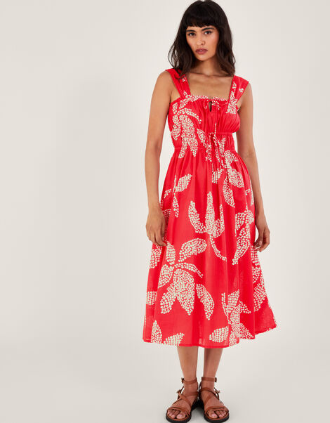 Palm Spot Print Midi Sundress in Sustainable Cotton, Red (RED), large