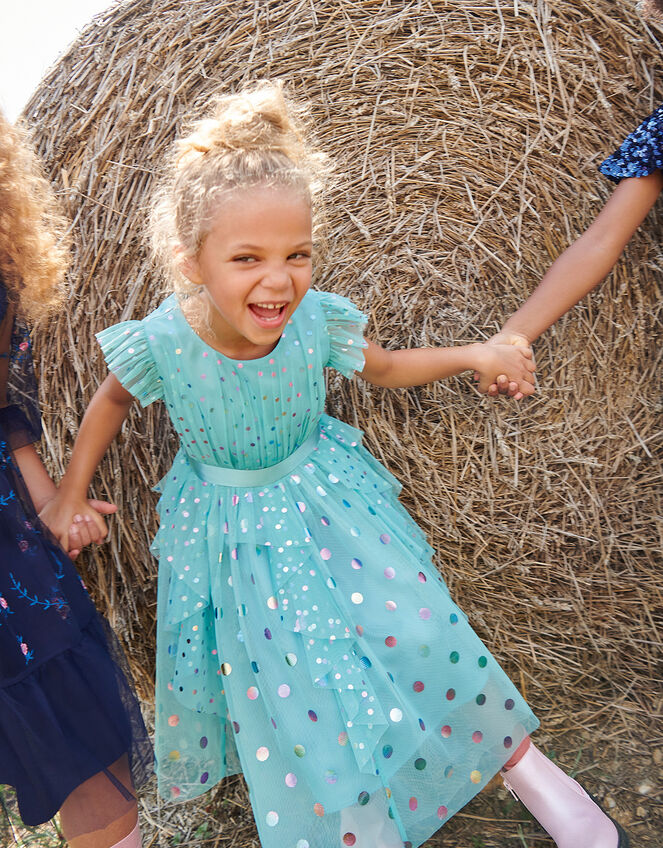 Rainbow Spot Print Frill Dress, Teal (TEAL), large