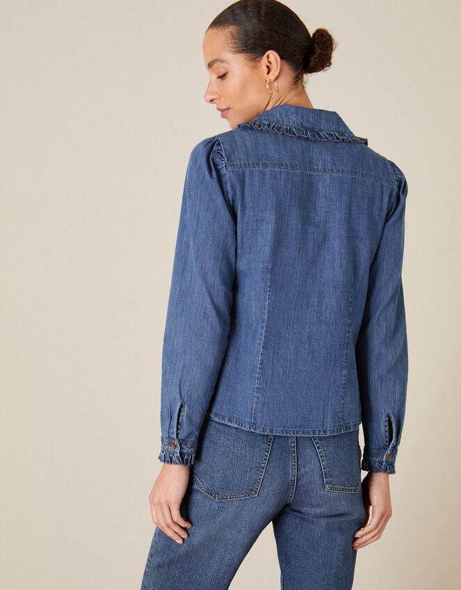 Frill Collar Denim Shirt, Blue (DENIM BLUE), large