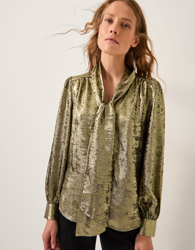 Milena Metallic Tie Neck Blouse, Gold (GOLD), large