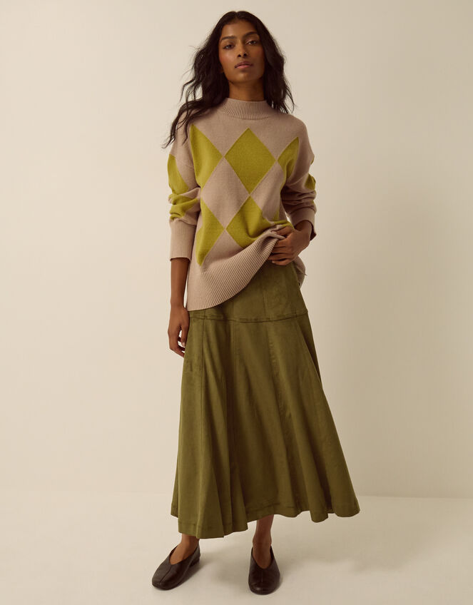 Macy Tie Side Faux Suede Midi Skirt, Green (KHAKI), large